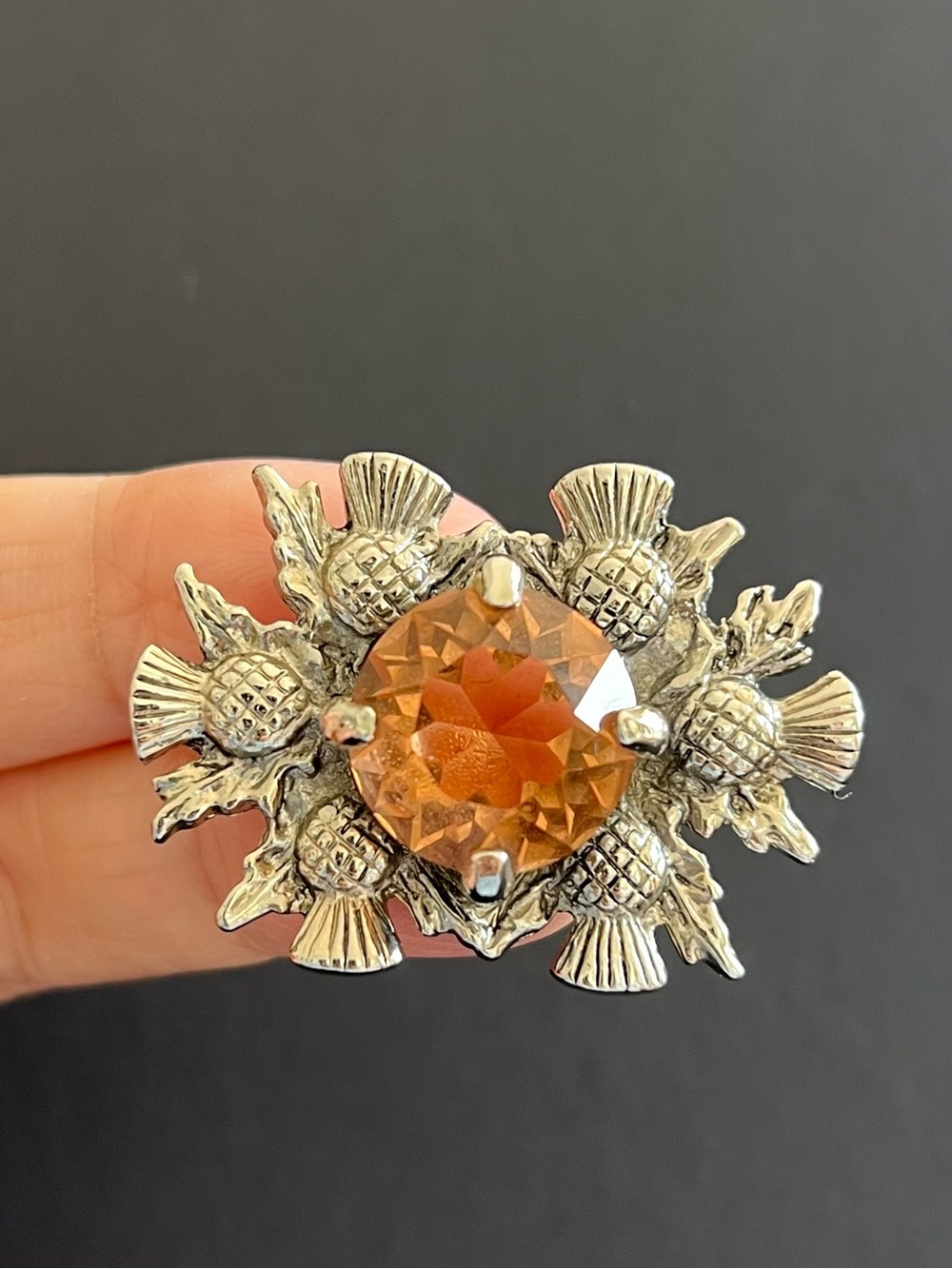 Vintage-Inspired Silver tone Thistle Brooch with Amber Crystal
